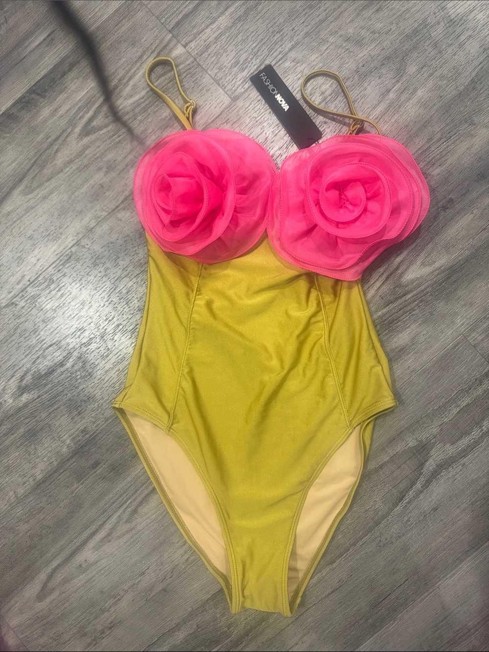 Fashion Nova Kids One-Piece Swimsuit in Olive Green with Hot Pink Floral Cups